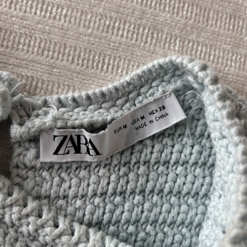 Zara Light Blue Cotton Crochet Knit Ruffle Trim Sleeveless Top Medium - Picture 3 of 7
